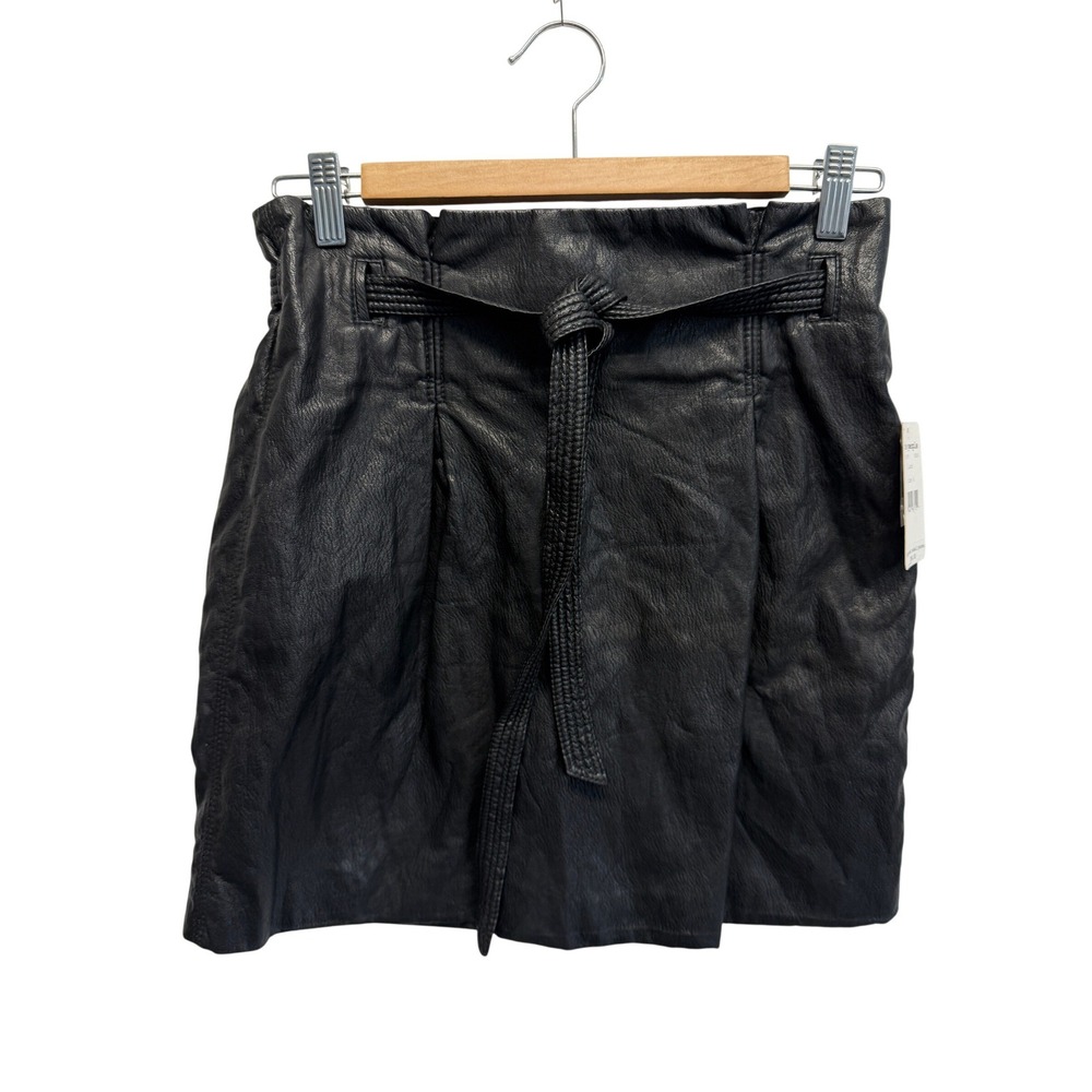 NWT Free People Vegan Leather Paperbag Mini Skirt Black Sz 6 Belted Waist